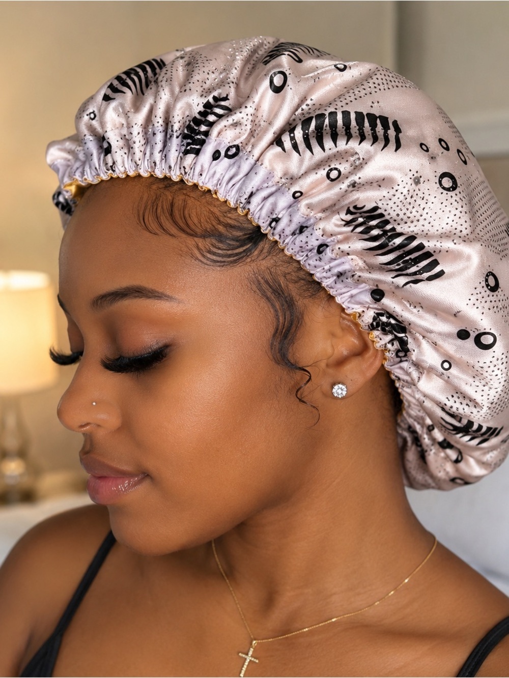 Stylish yellow and Black satin Hair Bonnet